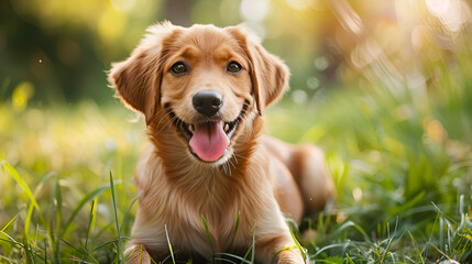 Website banner of a happy dog puppy lying in the grass, generative Ai