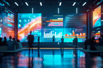 High-Tech Network Operations Center with People Analyzing Big Data on Large Displays