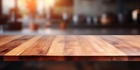 Blurred kitchen background with a wooden table top.