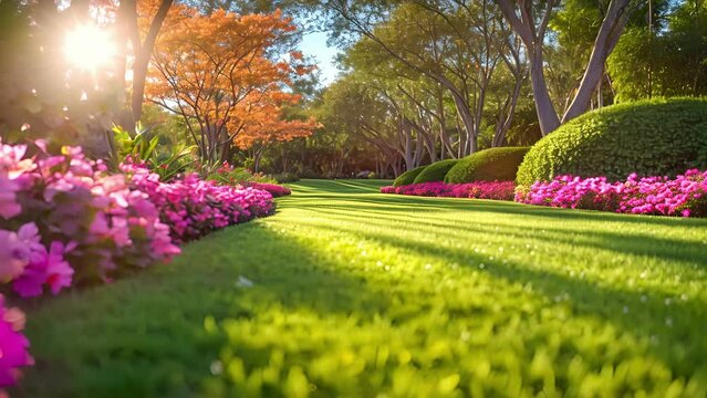 A macro shot of a perfectly manicured lawn highlighted by a perfectly symmetrical arrangement of ornamental trees and sculpted bushes creating a stunning visual effect against
