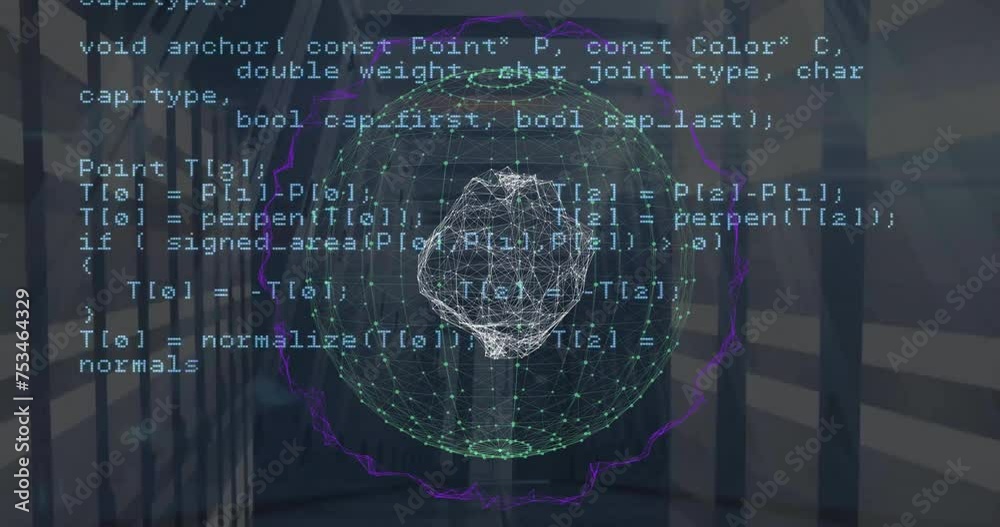 Poster animation of data processing and global network rotating over computer servers