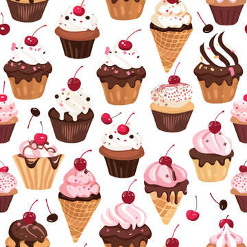 Seamless Pattern Ice Cream And Cupcake