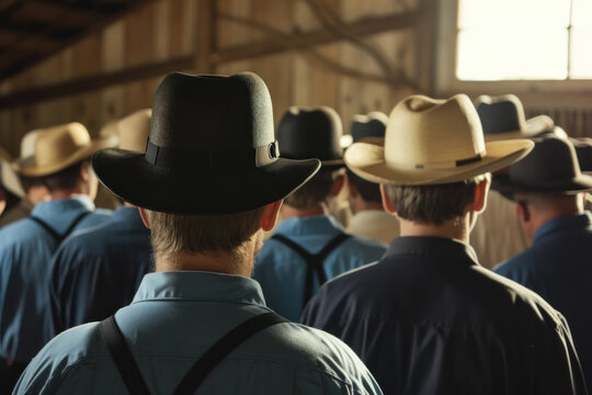 Gathering of Amish Men in Hats from Behind at a Community Event in a Barn