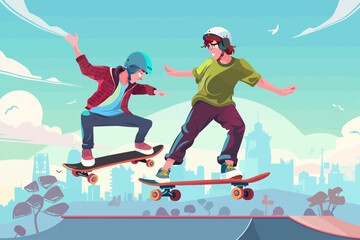 People Playing Skateboard in Park Illustration