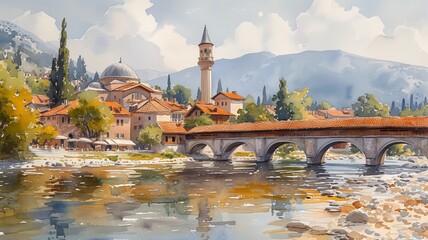 Watercolor painting of small Balkan town - obrazy, fototapety, plakaty