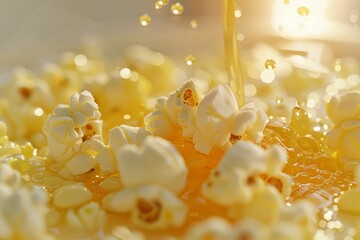 close-up of freshly popped popcorn, its buttery glow reflecting off each piece