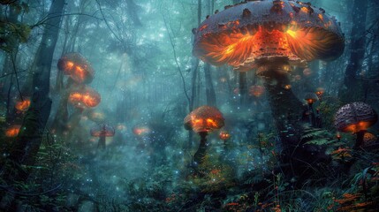 Fototapeta na wymiar Amazing digital painting concept of a fantasy forest with towering mushrooms lit by inner light. Amidst the pure mist landscape