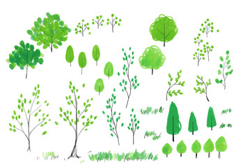 手書きの木のイラストセット　新緑　緑　植木　葉　植物　枝