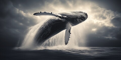 In a display of sheer exuberance, whales breach the surface of the sea, their majestic leaps creating a spectacle of nature's grandeur. - obrazy, fototapety, plakaty