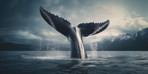 With a powerful sweep, the humpback whale's tail creates a stunning seascape, capturing the essence of oceanic beauty and the grace of marine life - obrazy, fototapety, plakaty