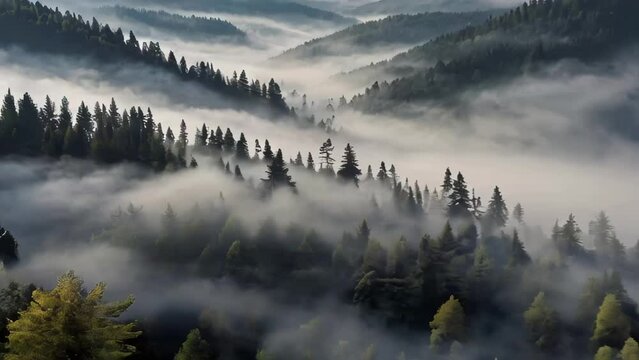 A misty morning with tall trees in a valley surrounded by dense fog. ai generative
