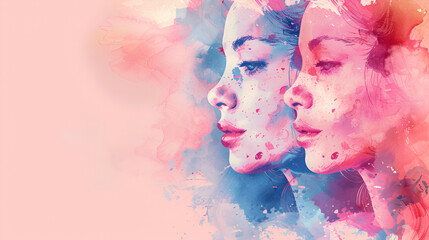 Women face watercolor illustration horizontal copy space painting, generative Ai