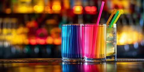 A row of bright multicolored drinking straws lined up inside a clear glass, adding a burst of vibrant colors to the bar decor.