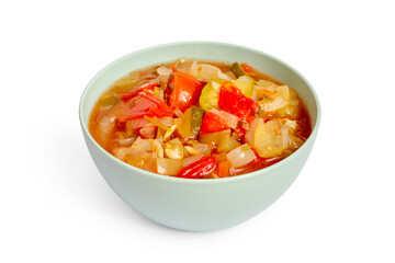 Stewed vegetable salad in a bowl on a white background. Pickled vegetable salad.
