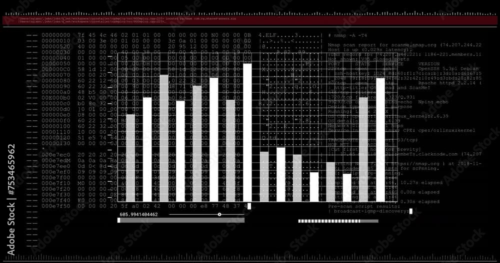 Poster animation of white graph over data processing on black background