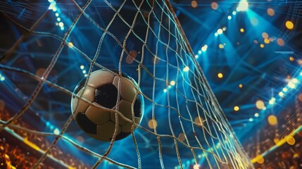 Fototapeta premium Soccer ball in goal net. A moment of delight