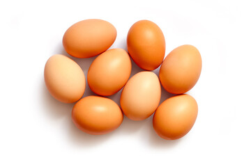 Chicken eggs on a white background. Natural homemade chicken eggs. With a shadow.