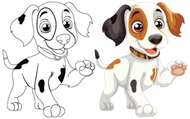 Foto op Plexiglas Two cartoon dogs smiling, one colored and one outlined. © GraphicsRF