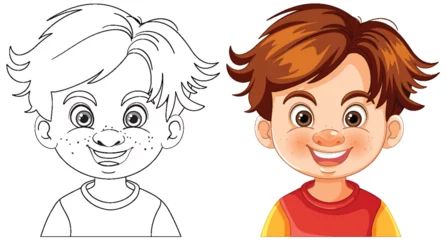 Foto op Plexiglas Black and white and colored boy illustrations side by side. © GraphicsRF