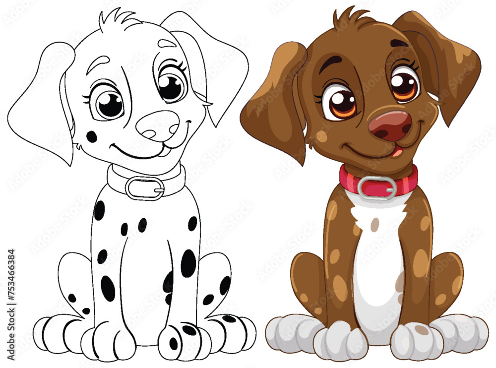 Wall mural vector illustration of two cartoon puppies, one colored.