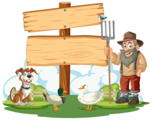 Foto op Plexiglas Cheerful farmer with dog, ducks, and a blank sign. © GraphicsRF