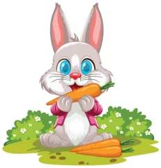 Poster Kids Adorable rabbit eating a carrot in a flower field