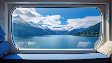 View from the ship's window of the bright blue sea and sky.