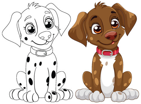 Vector illustration of two cartoon puppies, one colored.