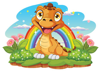 Happy cartoon dinosaur sitting by a colorful rainbow