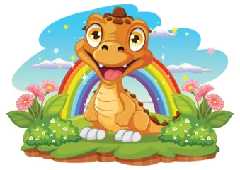 Door stickers Kids Happy cartoon dinosaur sitting by a colorful rainbow