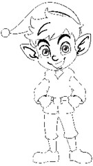 Black and white line art of a happy elf.