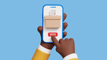 Modern electronic voting system for election. 3D African American hand holding smartphone with voting app on the screen. Voting online, e-voting, election internet system concept. 3d illustration