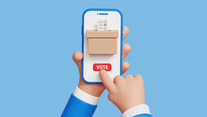 Modern electronic voting system for election. 3D hand holding smartphone with voting app on the screen. Voting online, e-voting, election internet system concept. 3d illustration - obrazy, fototapety, plakaty