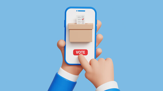 Modern electronic voting system for election. 3D hand holding smartphone with voting app on the screen. Voting online, e-voting, election internet system concept. 3d illustration
