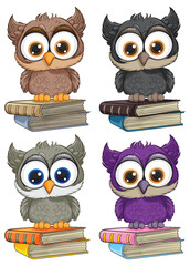 Obraz premium Four cute cartoon owls perched on stacked books