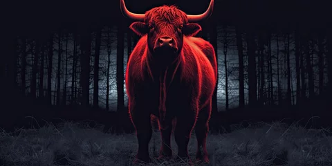 Küchenrückwand glas motiv Against a backdrop of darkness, the powerful profile of a black bull stands out, offering a dramatic contrast and space for text or imager © jambulart