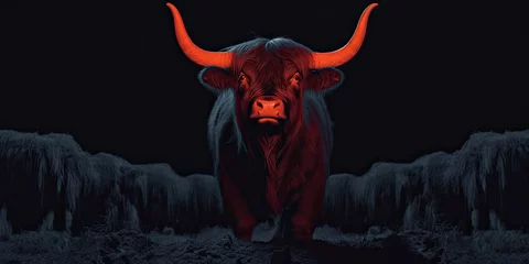 Foto op Aluminium Against a backdrop of darkness, the powerful profile of a black bull stands out, offering a dramatic contrast and space for text or imager © jambulart