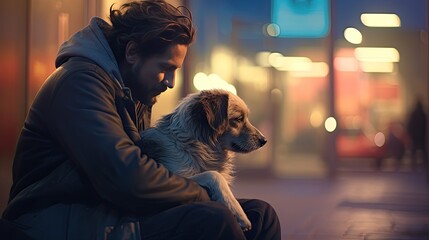 A homeless man in old dirty clothes sits on the ground hugging a dog. The expression of longing and hopelessness on the face of the beggar man and the animal.