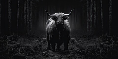 Against a backdrop of darkness, the powerful profile of a black bull stands out, offering a dramatic contrast and space for text or imager - obrazy, fototapety, plakaty