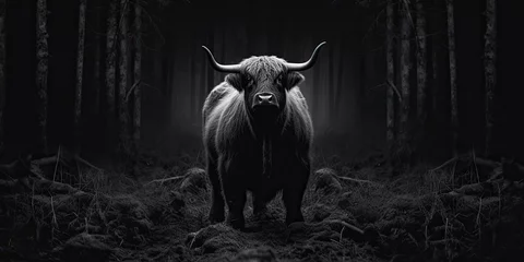 Deurstickers Against a backdrop of darkness, the powerful profile of a black bull stands out, offering a dramatic contrast and space for text or imager © jambulart