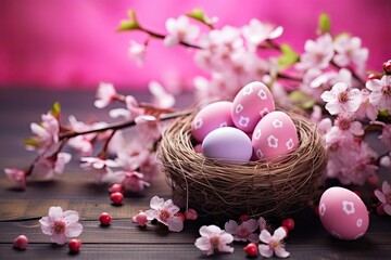 Happy Easter! Traditional Wooden Background with Painted Eggs, Flowers, and Seasonal Symbols