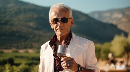 An elderly respectable man in a stylish jacket holds a glass of red wine in his hand against the...
