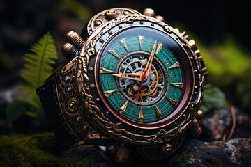 Fototapeta na wymiar Men's wristwatch, steampunk design. Stylish mechanical watch with lots of gears and decorative elements.