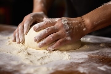 Fototapeta premium Close-up of a male baker's hands kneading dough on a large wooden table sprinkled with flour in a bakery, restaurant kitchen.