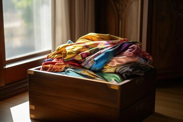 Colored fabrics, old clothes stocks in an old chest in the interior of an old wooden house by the window.