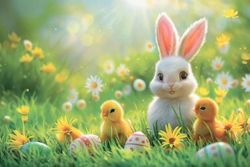 Fototapeten A cartoon rabbit is sitting in a field with two baby chicks and a bunch of Easter eggs. The scene is bright and cheerful, with the sun shining down on the animals and the eggs © Aiyawarin