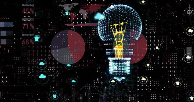 Animation of light bulb and digital data processing over dark background