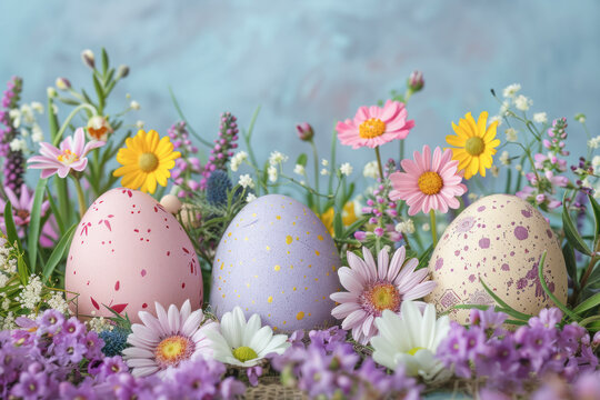 Three eggs are placed in a field of flowers, with the flowers surrounding them. Scene is cheerful and playful, as the eggs are placed in a natural setting with colorful flowers