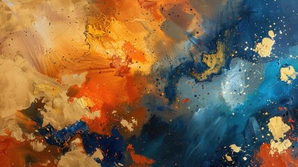 abstract oil painting mural modern art Draw with dots and lines golden elements orange gold blue