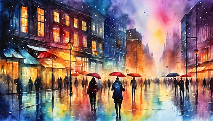 Enchanting Rainy Evening on City Street Watercolor